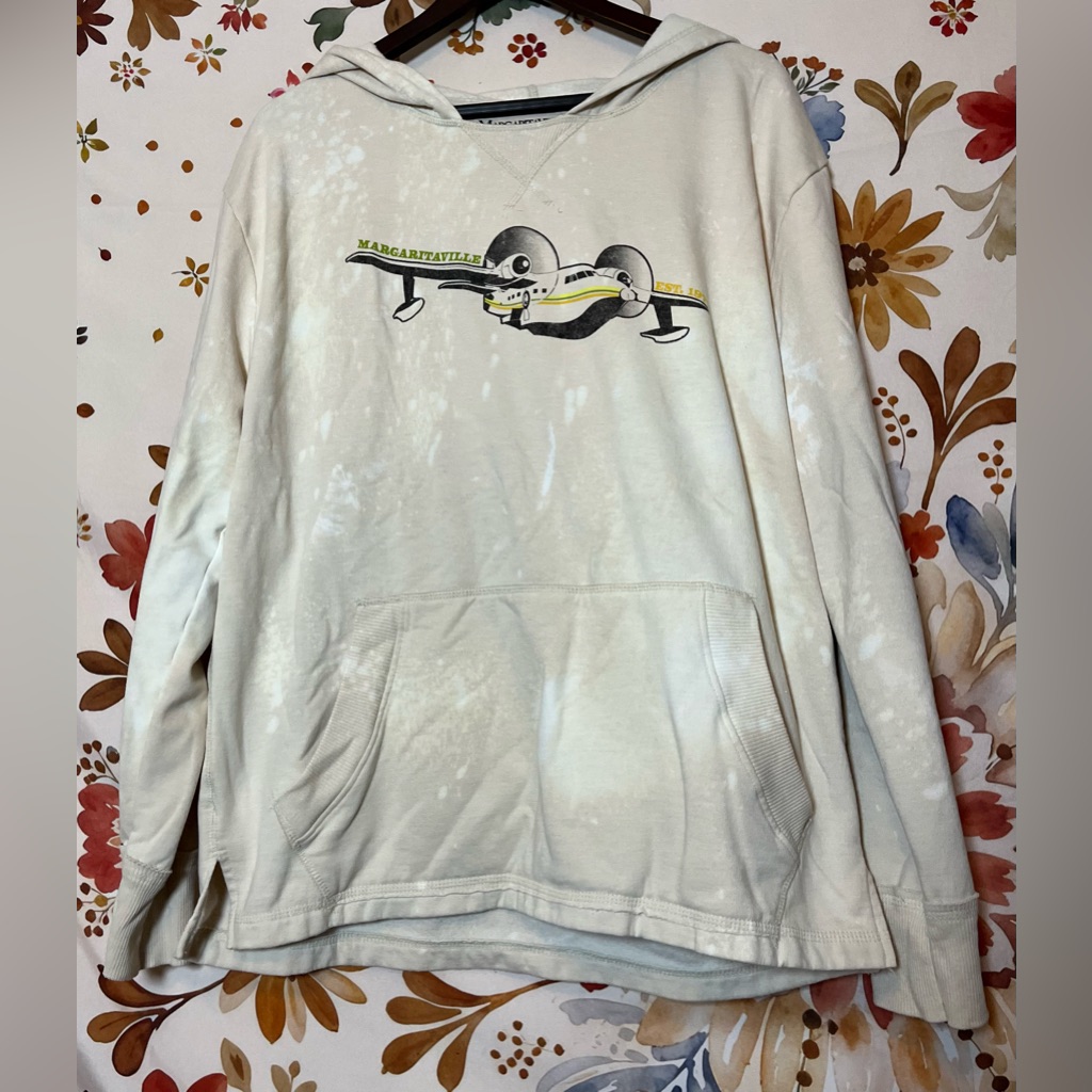 Margaritaville L Cream White Bleach Dye Upcycle Travel Merch Plane Loose Hoodie